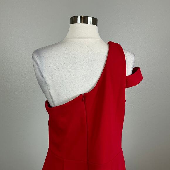 Red One Shoulder Evening Gown Size 14P XSCAPE Cut Out Thigh Slit Formal Dress - Picture 8 of 14